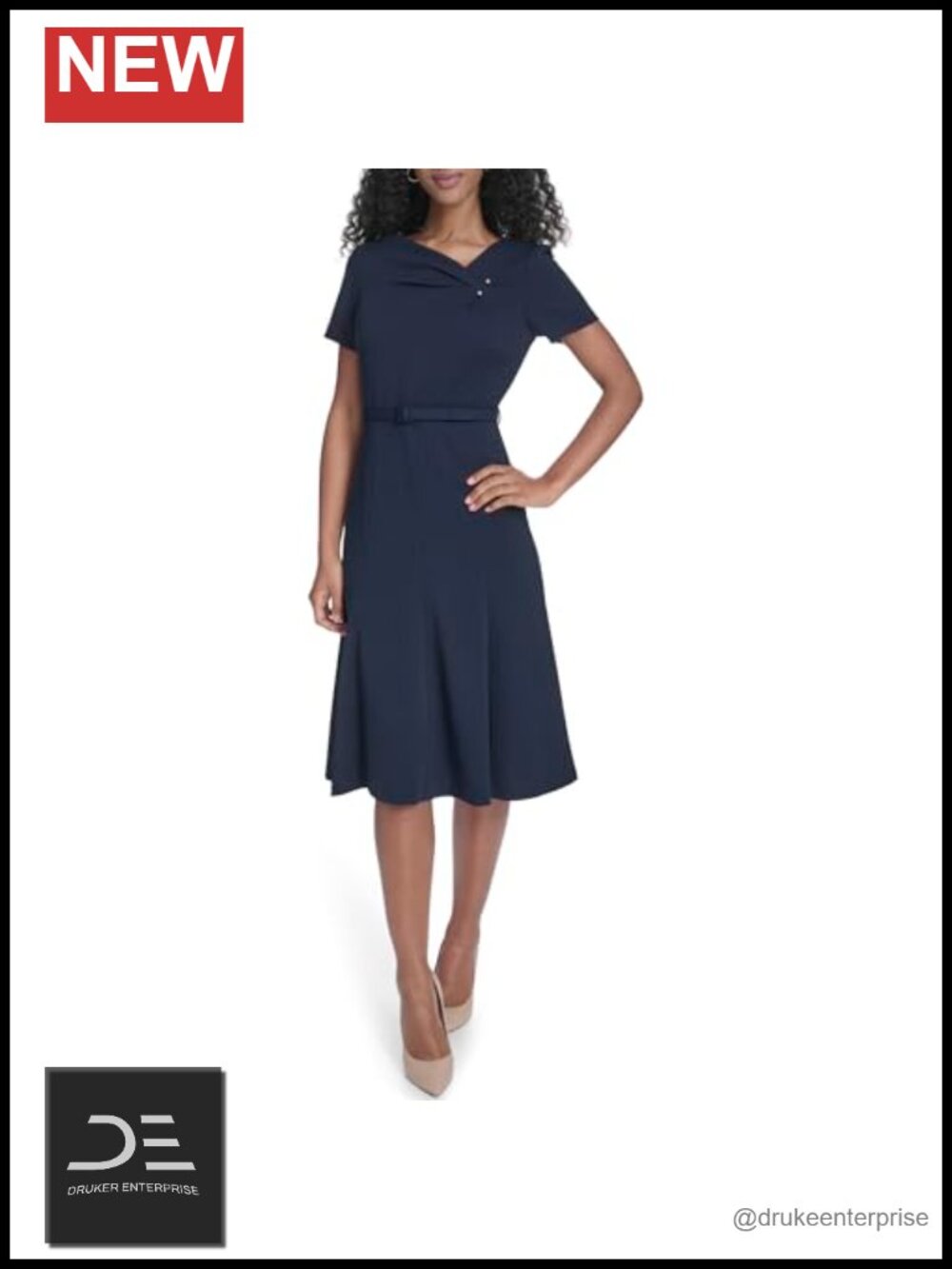 Calvin Klein Short Sleeve Belted A-Line Dress Fit-and-Flare Knee-Length